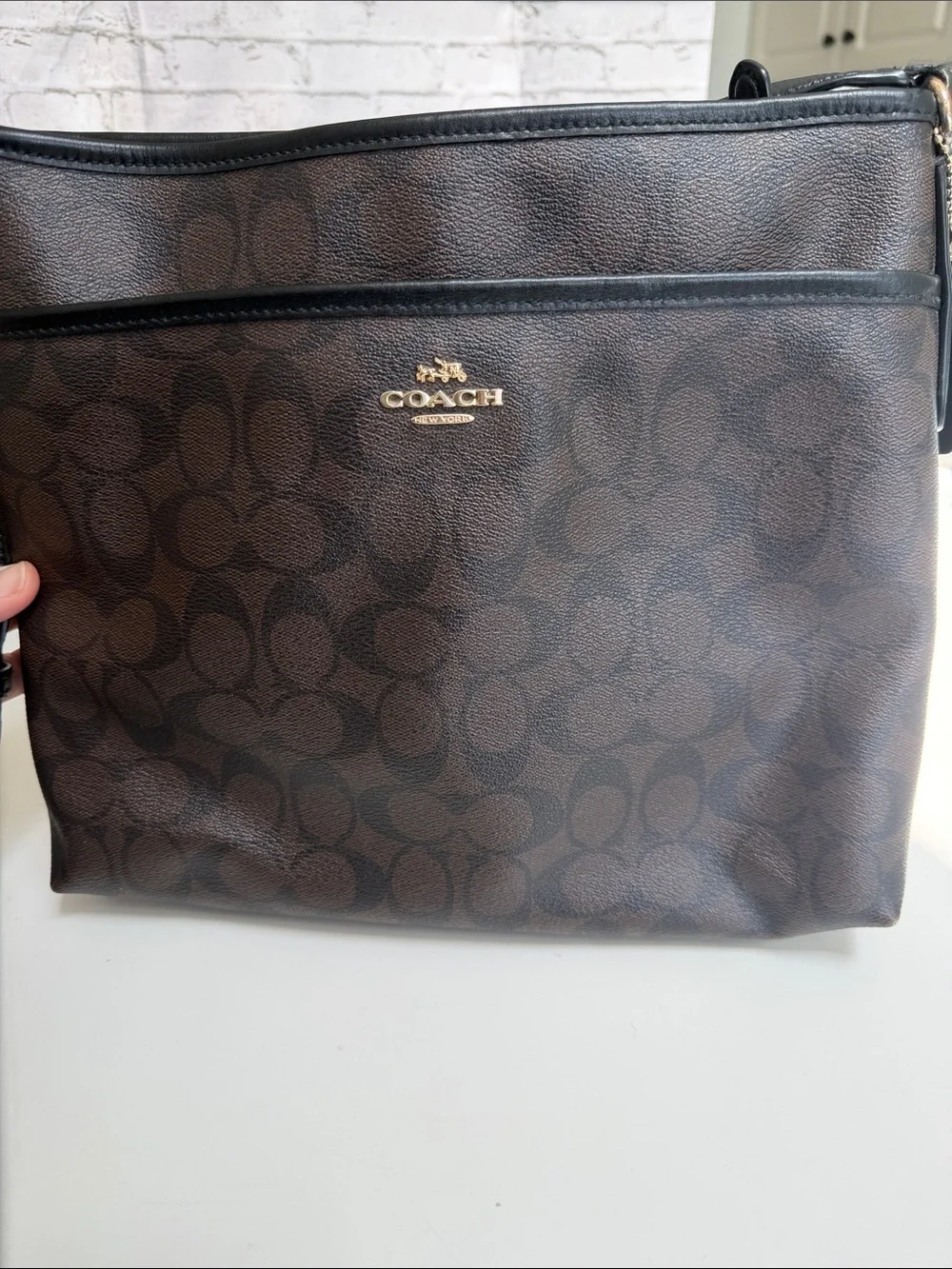 Coach Men’s Brown Signature Messenger Bag with Gold Logo